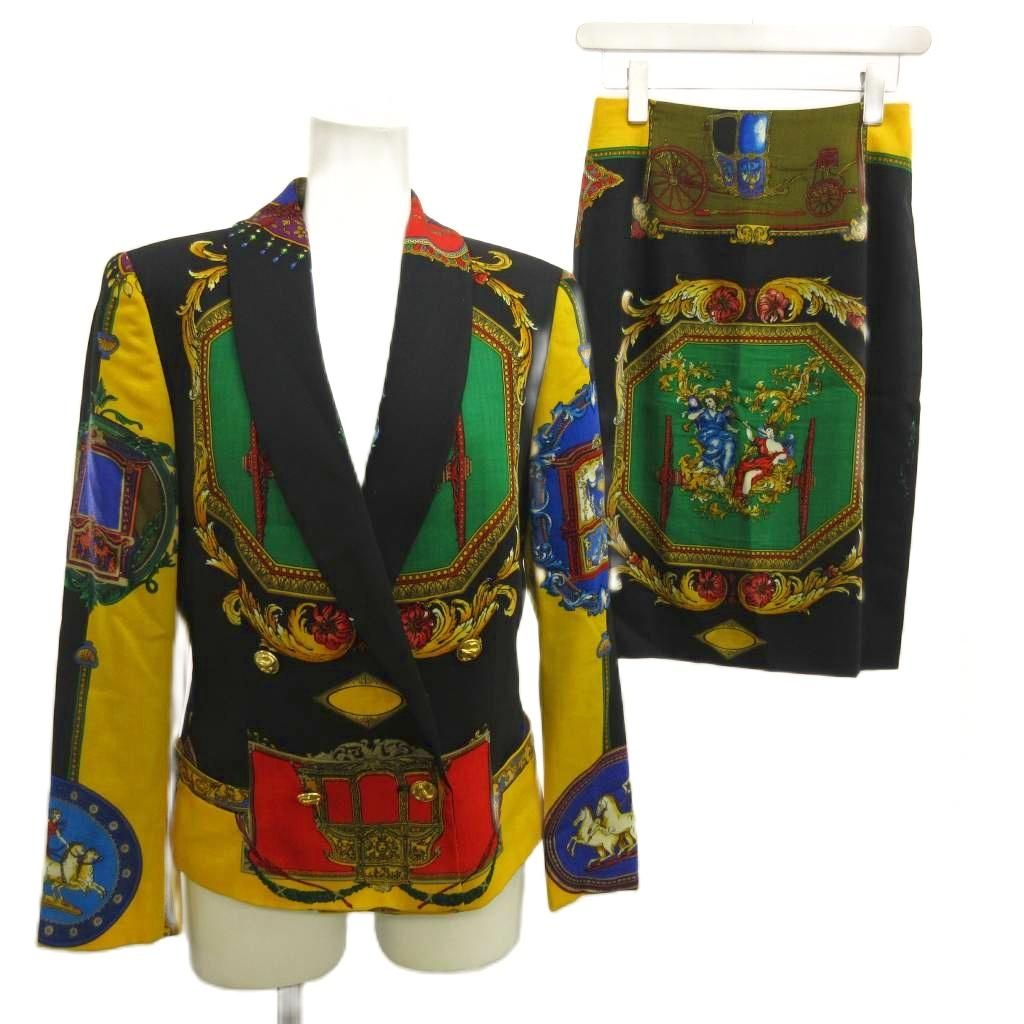 ジャンニヴェルサーチ ヴェルサーチェ GIANNI VERSACE イスタンテ ISTANTE スーツ セットアップ 上下 ショールカラージャケット ウール ダブル 4B 総裏地 肩パッド タイトスカート ひざ丈 総柄 40 M マルチカラー