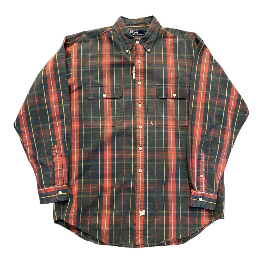 Vintage 90s Polo by Ralph Lauren Plaid Hunting Safari Shirt 4 Pocket Cotton Button Down L/ ラルフローレン ボタンダウン チェックシャツ サイズL 【F560】