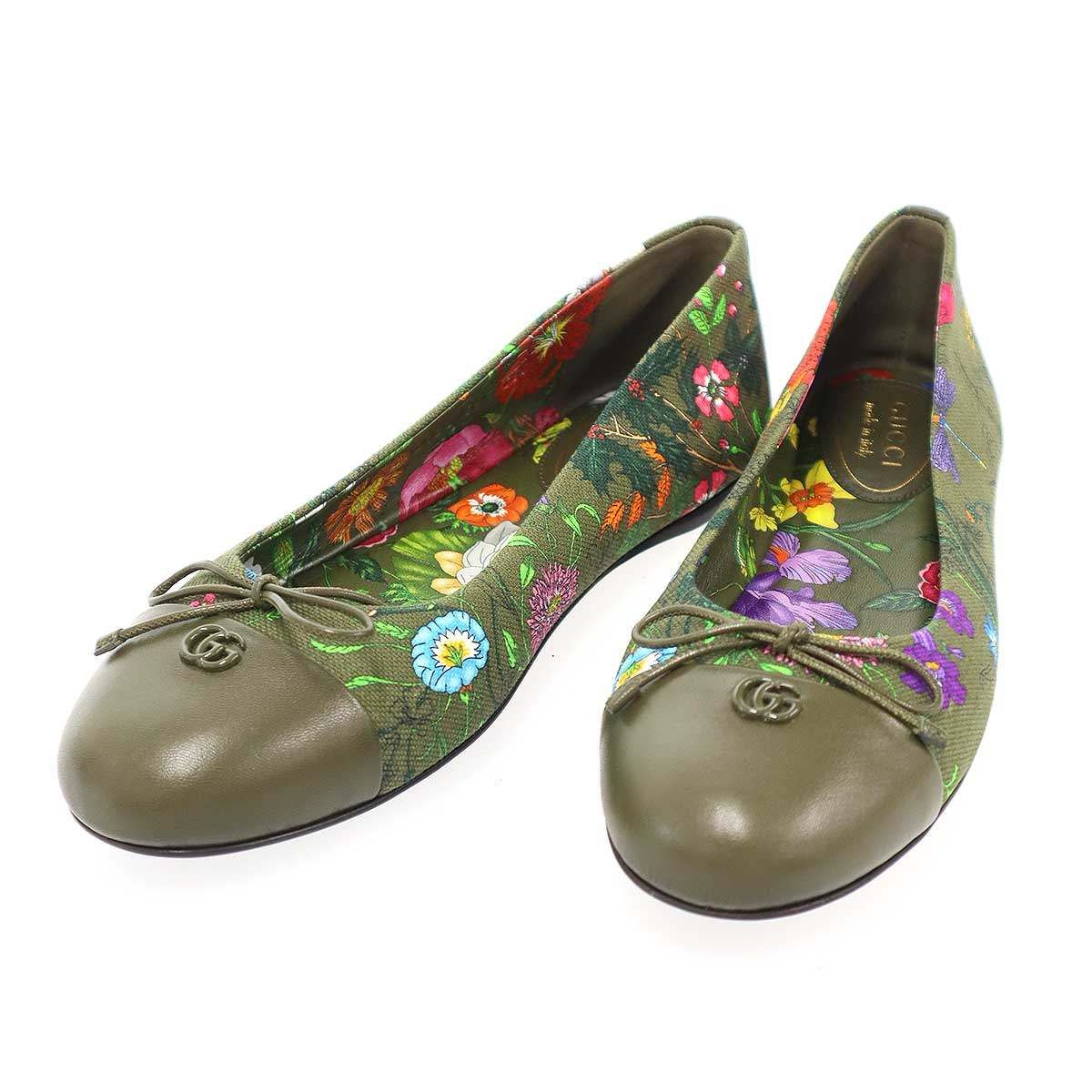 グッチ ロゴ　レディース　パンプス GUCCI グッチ フローラル レザーキャンバスフラットパンプス 840726