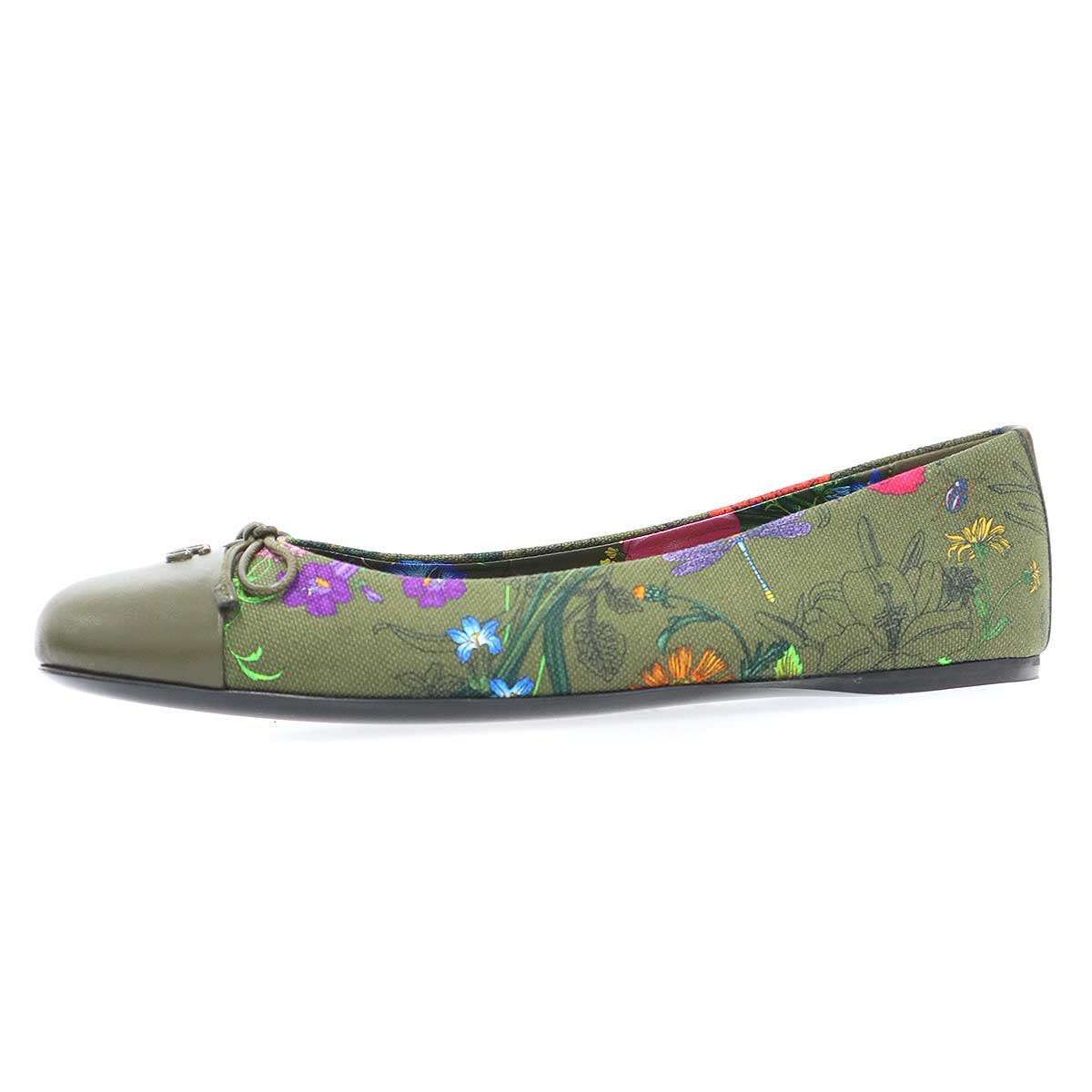 GUCCI グッチ フローラル レザーキャンバスフラットパンプス 840726