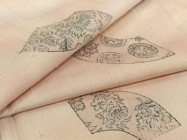 平和屋着物▽上質な小紋　単衣　紬地　手描き　地紙花文　正絹　逸品　AABJ0174jh