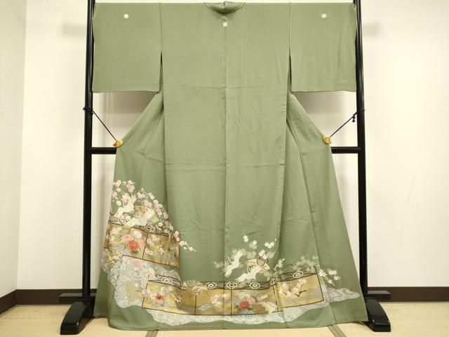 平和屋着物▽豪華色留袖　単衣　飛鶴扇吉祥花文　金彩　ロング丈　正絹　逸品　DABF5789du