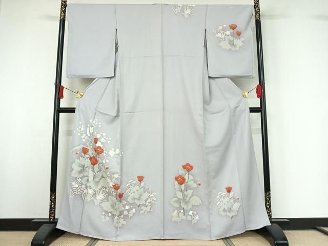 平和屋着物▽訪問着　単衣　友禅　草花文　暈し染め　正絹　逸品　AABJ0189jh