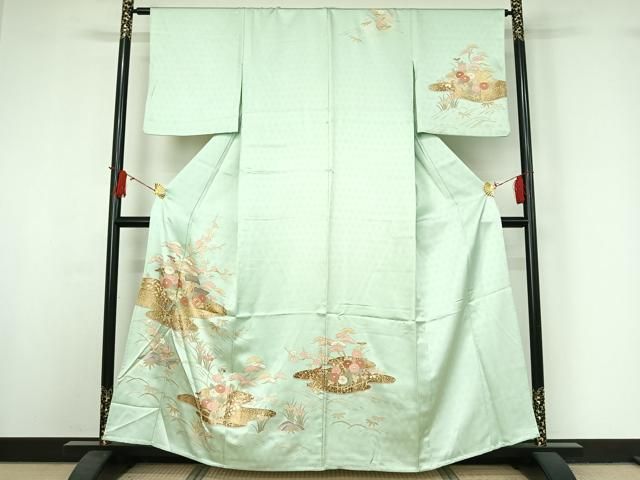 平和屋着物▽訪問着　単衣　駒刺繍　風景松竹梅文　金彩　正絹　逸品　AABJ0199jh