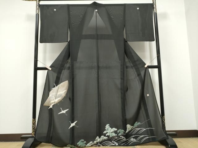 平和屋着物＊夏物　黒留袖　作家物　駒刺繍　飛鶴浜松文　正絹　逸品　CABJ4807hy