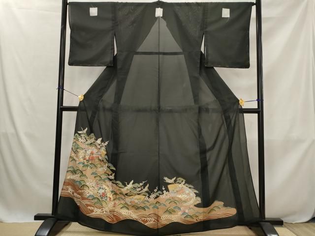 平和屋着物＊夏物　黒留袖　絽　地紙飛鶴花松文　金彩　洗える着物　未使用　AABJ8907st