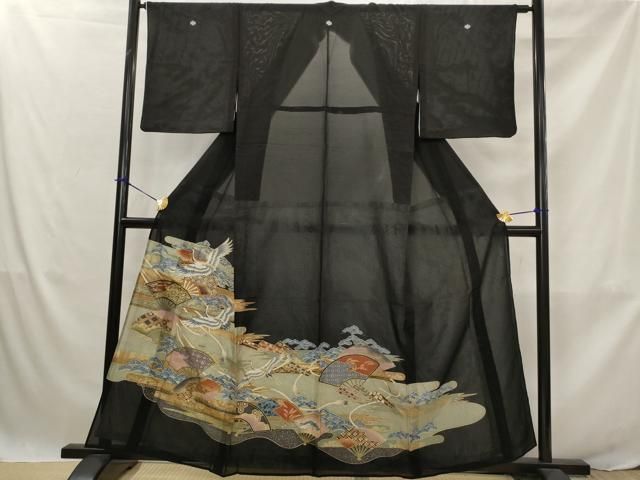 平和屋着物*夏物 黒留袖 絽 吉祥扇飛鶴文 金彩 洗える着物 AABJ8908st