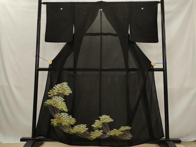 平和屋着物＊夏物　黒留袖　絽　刺繍　笹竹文　金銀糸　洗える着物　AABJ8909st