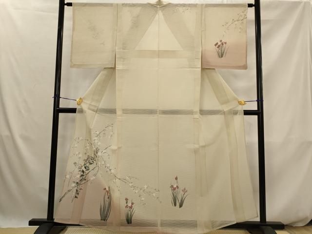 平和屋着物＊夏物　訪問着　友禅　紗　枝花文　暈し染め　正絹　逸品　AABJ8918st