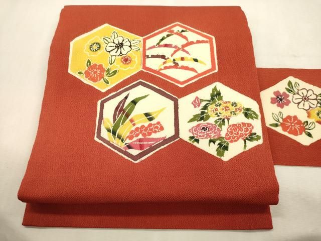 平和屋着物●九寸名古屋帯　紅型　亀甲草花文　鬼しぼ縮緬　正絹　逸品　CABJ2055dy 24,570円