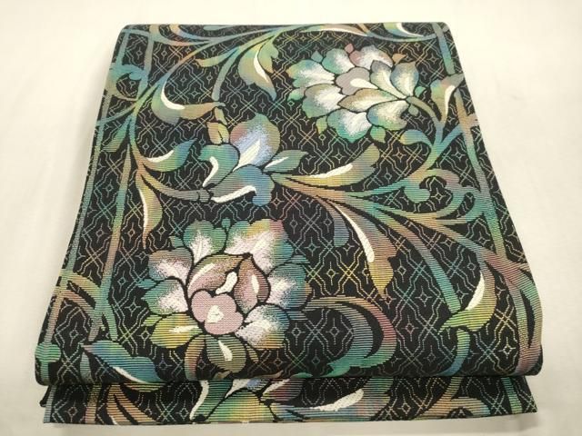 平和屋着物●六通柄袋帯　輪奈織　唐花文　黒地　正絹　逸品　CABJ2074dy