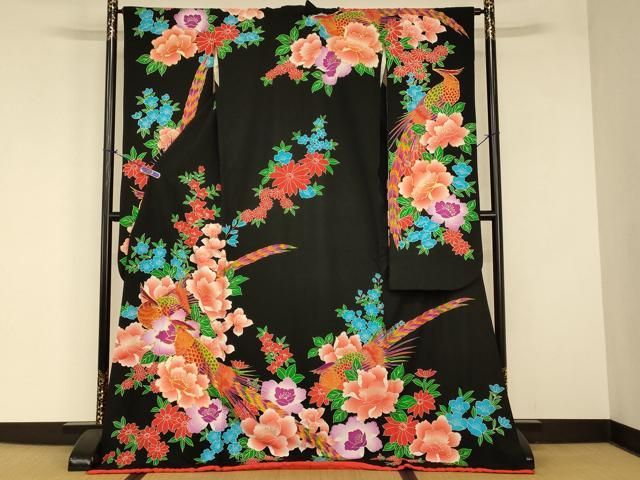 平和屋本店●お引きずり・お引き摺り・引き振袖　和装　結婚式　舞妓　芸妓　芸者　衣装　駒刺繍　草花雉文　黒地　金彩　AABJ2815fw