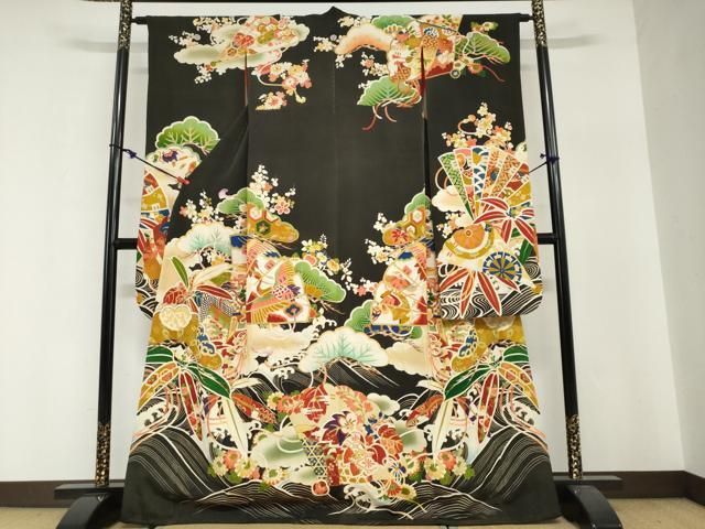 平和屋本店●アンティーク　大正ロマン　振袖　駒刺繍　扇面御所車飛鶴草花文　黒地　正絹　逸品　DABG2752ud