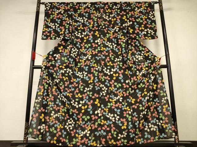 平和屋着物＊夏物　小紋　絽　萩　黒地　正絹　逸品　AABK2702jd