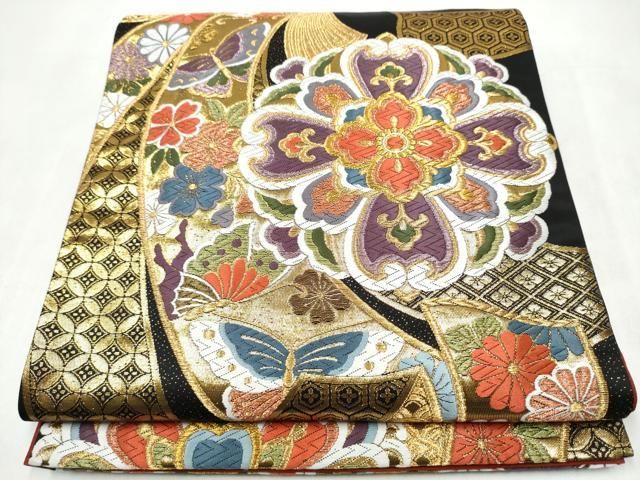 平和屋着物●六通柄袋帯　唐織　束ね熨斗花蝶文　黒地　金糸　正絹　逸品　CABJ4876hy