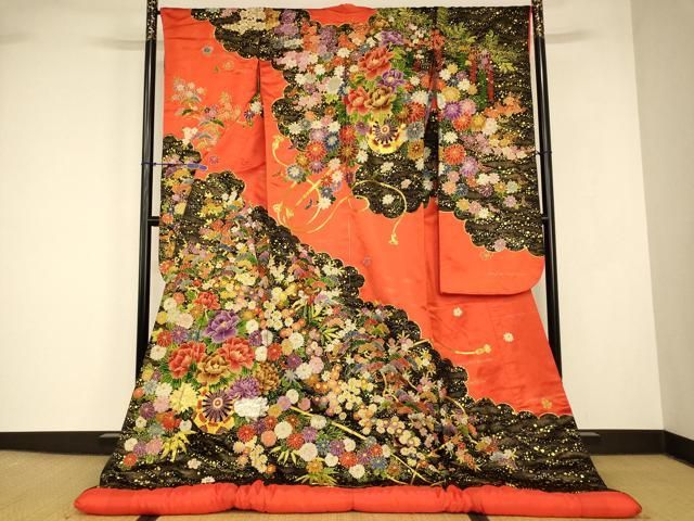 平和屋本店●中国三大刺繍 相良刺繍 色打掛 和装 婚礼 結婚式 花嫁 神社挙式 駒刺繍 花車松竹梅文 金彩 金通し地 逸品 AABJ2829fw