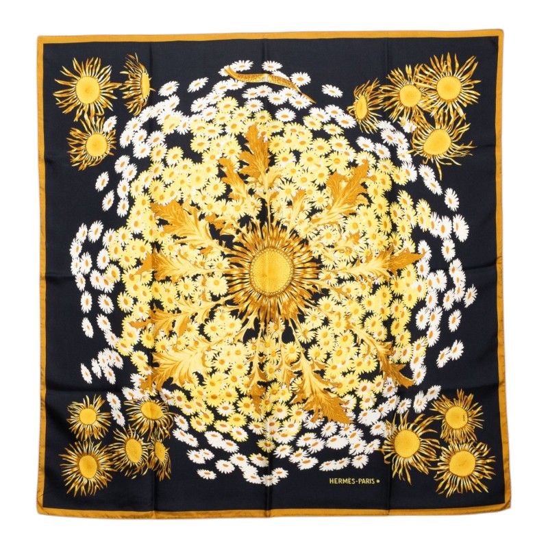 エルメス カレ90 Fleurs et Carlines ひまわりの花束 スカーフ 大判 ブラック マルチカラー シルク レディース HERMES【1-0274065】