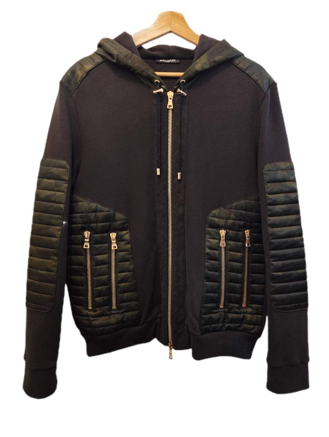 BALMAIN デザインジップパーカー size:M ブラック×カーキ カモフラ W7H6135J036