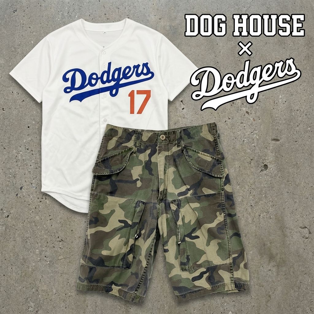 【コーデ売り】Dodgers　ドジャース　OHTANI　大谷翔平　DOG HOUSE　ドッグハウス　半袖ユニフォームTシャツ　ハーフカーゴパンツ　迷彩　カモフラ　白　ホワイト　Mサイズ　古着
