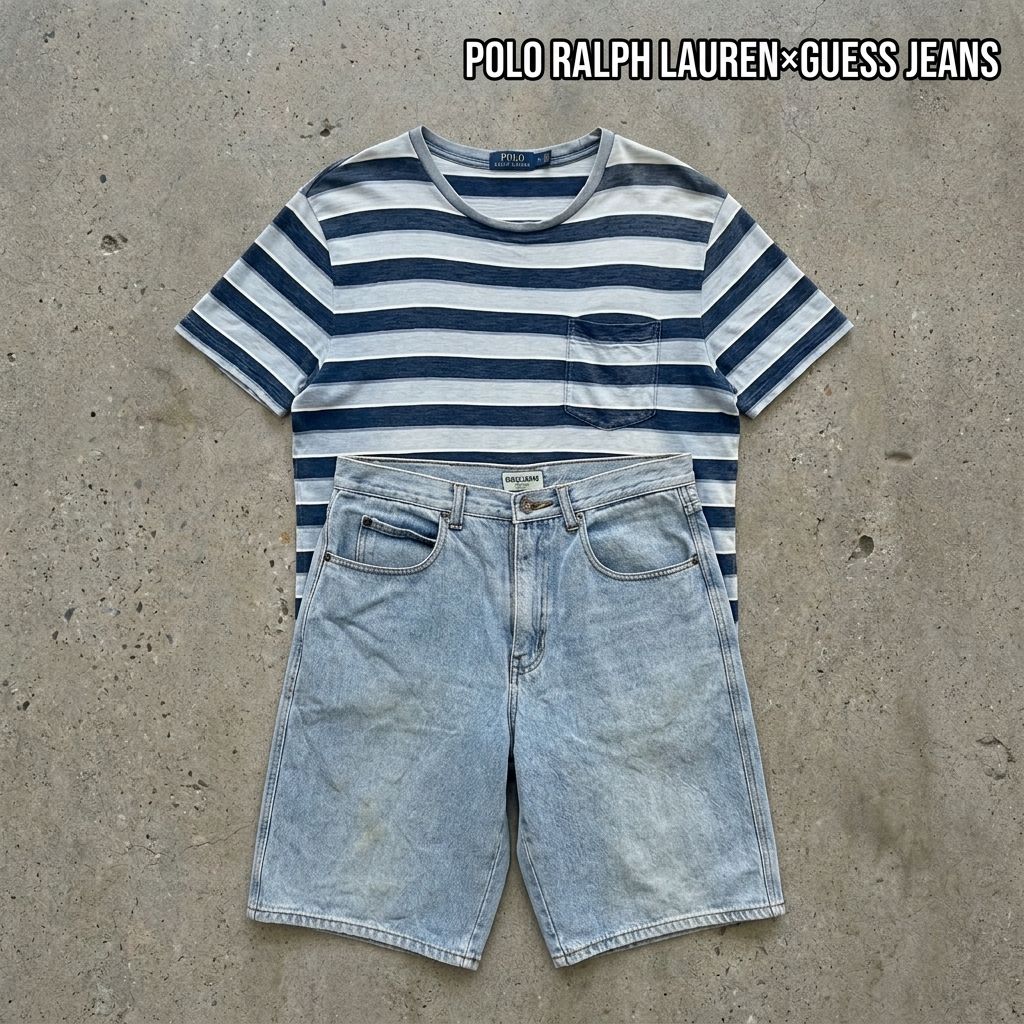 【コーデ売り】POLO RALPH LAUREN ラルフローレン GUESS JEANS ゲスジーンズ 半袖プリントTシャツ ハーフデニムパンツ/ショートパンツ ボーダー柄 水色 ライトブルー インディゴ 紺 ネイビー Mサイズ 古着