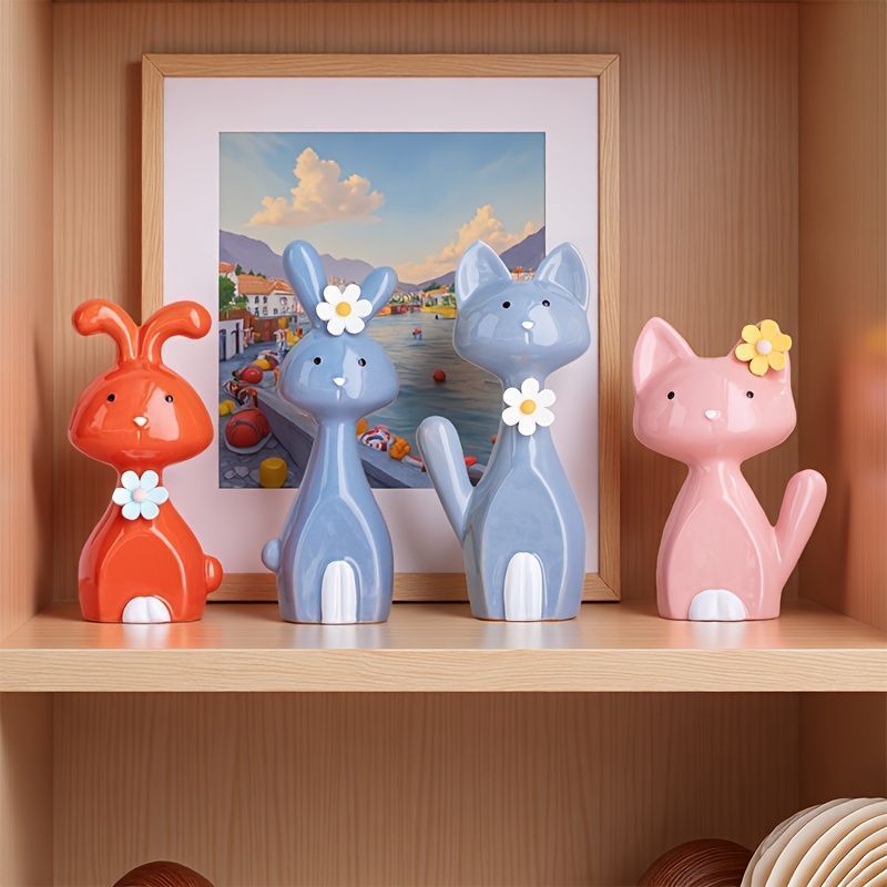 オブジェ 置物 ウサギ うさぎ ラビット 猫 ねこ ネコ 2種類 2個セット シンプル インテリア リビング ダイニング 玄関 寝室 装飾 オーナメ