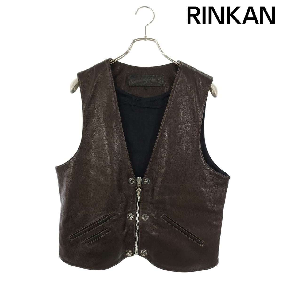 クロムハーツ 6BTN ZIP FRNT VEST バッククロスパッチフローラルボールボタンレザーベスト メンズ L