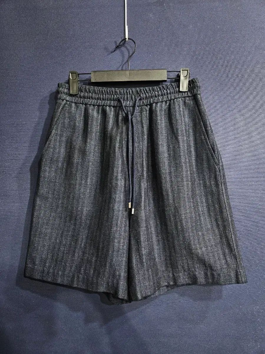 SYSTEM homme ボーダー柄 ネイビー メンズ ウエスト 29 31 リネンブレンド ハーフパンツ