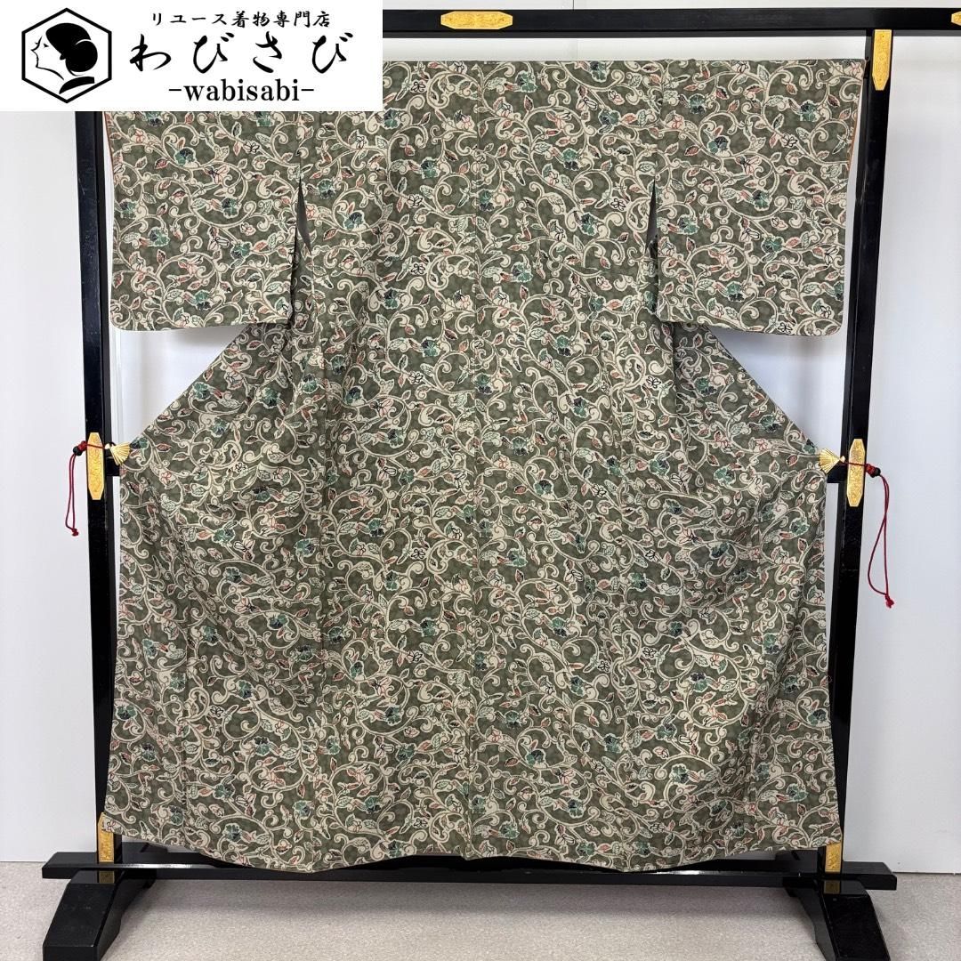 小紋 花唐草模様 縮緬 浮草鼠色 しつけ糸 ふくよかサイズ K-6064