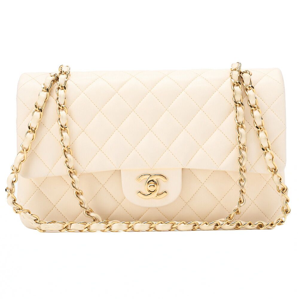 CHANEL シャネル 　ラムスキン 　マトラッセ 　Wフラップ 25cm 　チェーンショルダー　白　ゴールド金具 レディースバッグ ブランド【中古】【送料無料】