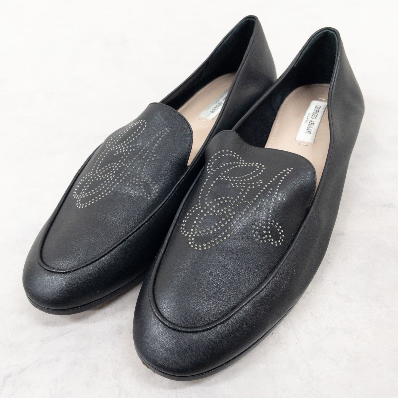 GIORGIO ARMANI ブラック レザー フラットシューズ GIORGIO ARMANI ジョルジオアルマーニ フラットシューズ ローファー