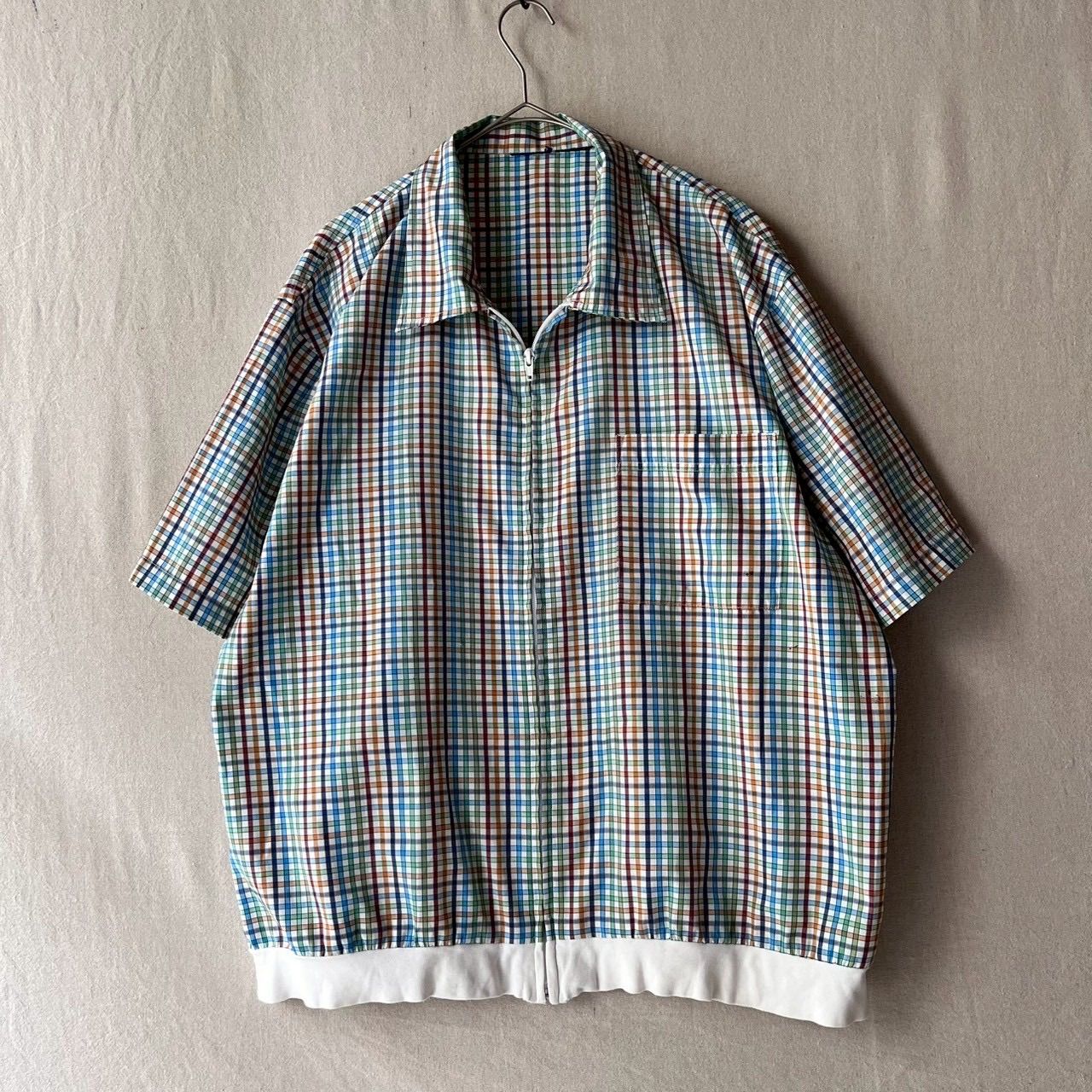 90s USA vintage ジップアップ シャツ / ポリ チェック マルチカラー オープンカラー ボックス 半袖 ビンテージ T6-06106-9237