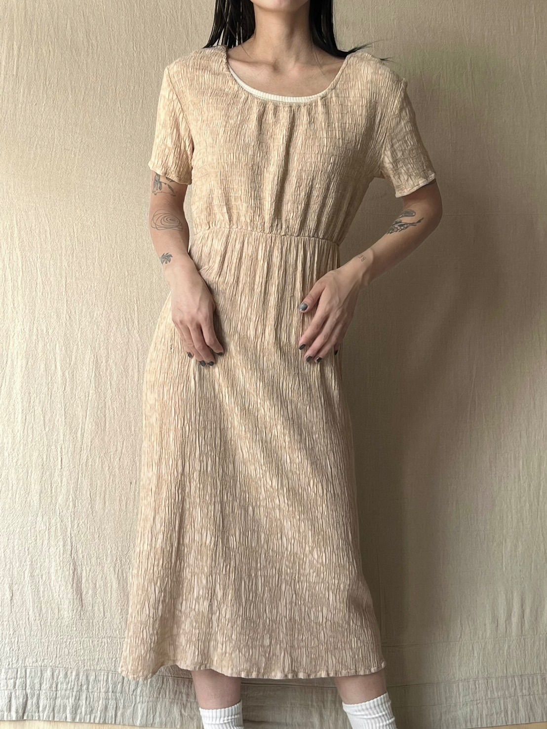 90s USA製 Vintage ワンピース / ピンク ベージュ 半袖 ドレス ビンテージ レディース T6-03053-910