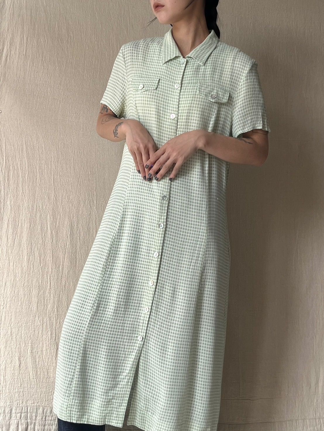 USA製 90s Vintage ワンピース / 8 アセテート レーヨン ライト グリーン チェック 半袖 USA ビンテージ レディース T6-05034-937 9,872円