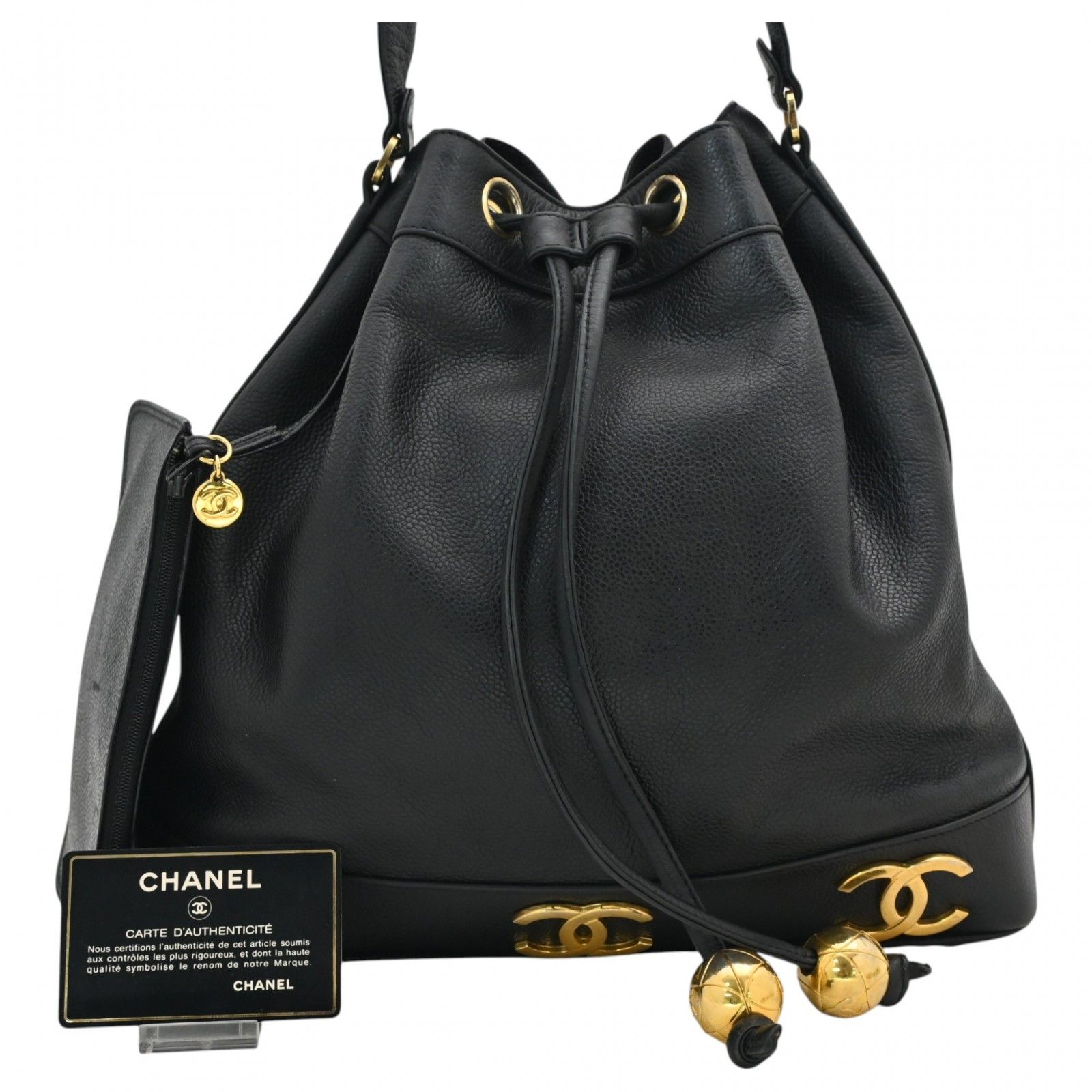 【中古】シャネル トリプルココ チェーン ショルダーバッグ ココマーク キャビアスキン 巾着 Aランク ch75192cc