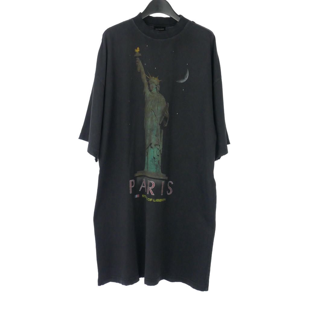 バレンシアガ BALENCIAGA 24SS 自由の女神 パリプリント Tシャツ カットソー ドレス ダメージ加工 半袖 2 黒 ブラック 739037