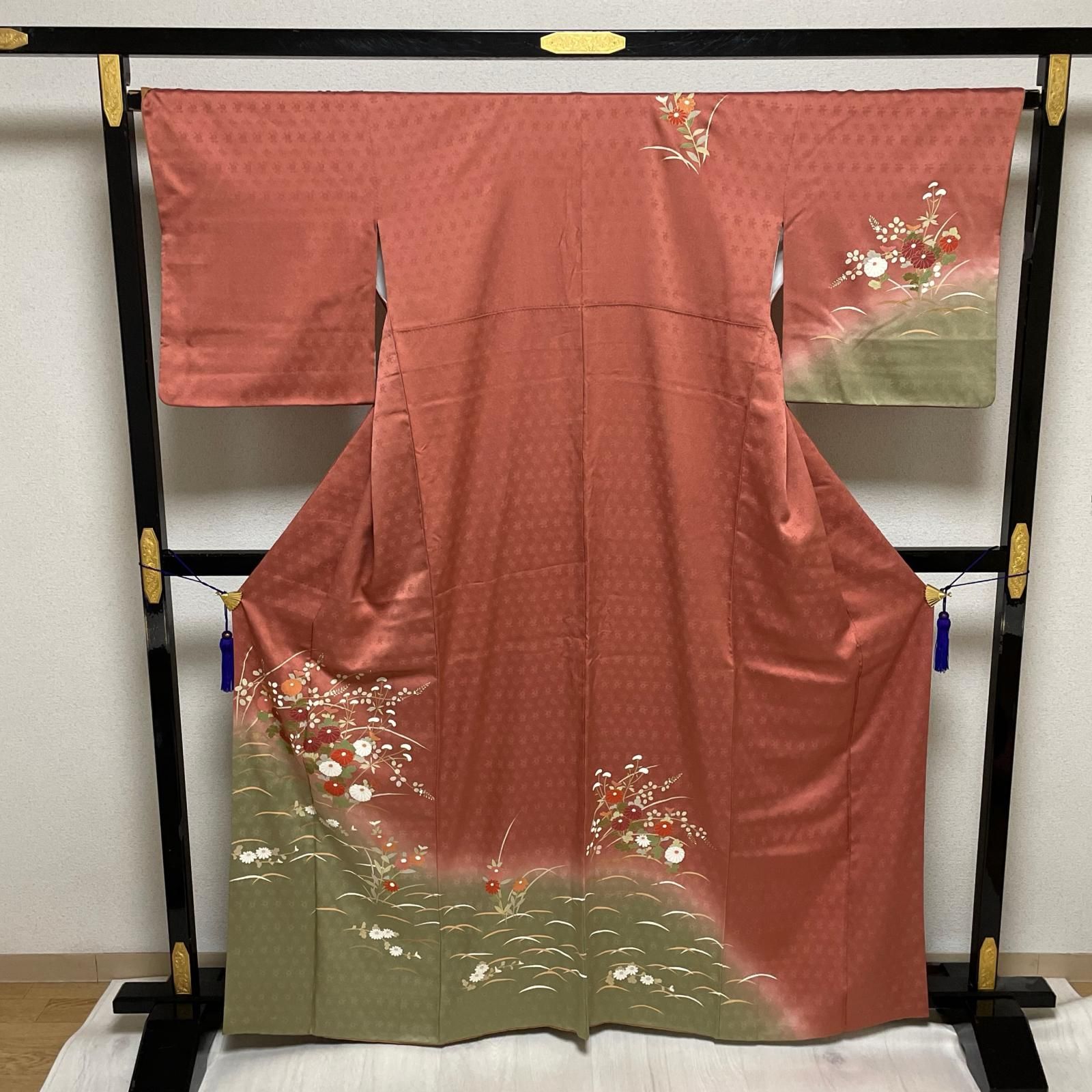付下げ 裄66 暈し染 草花模様 着物 正絹 X-4121