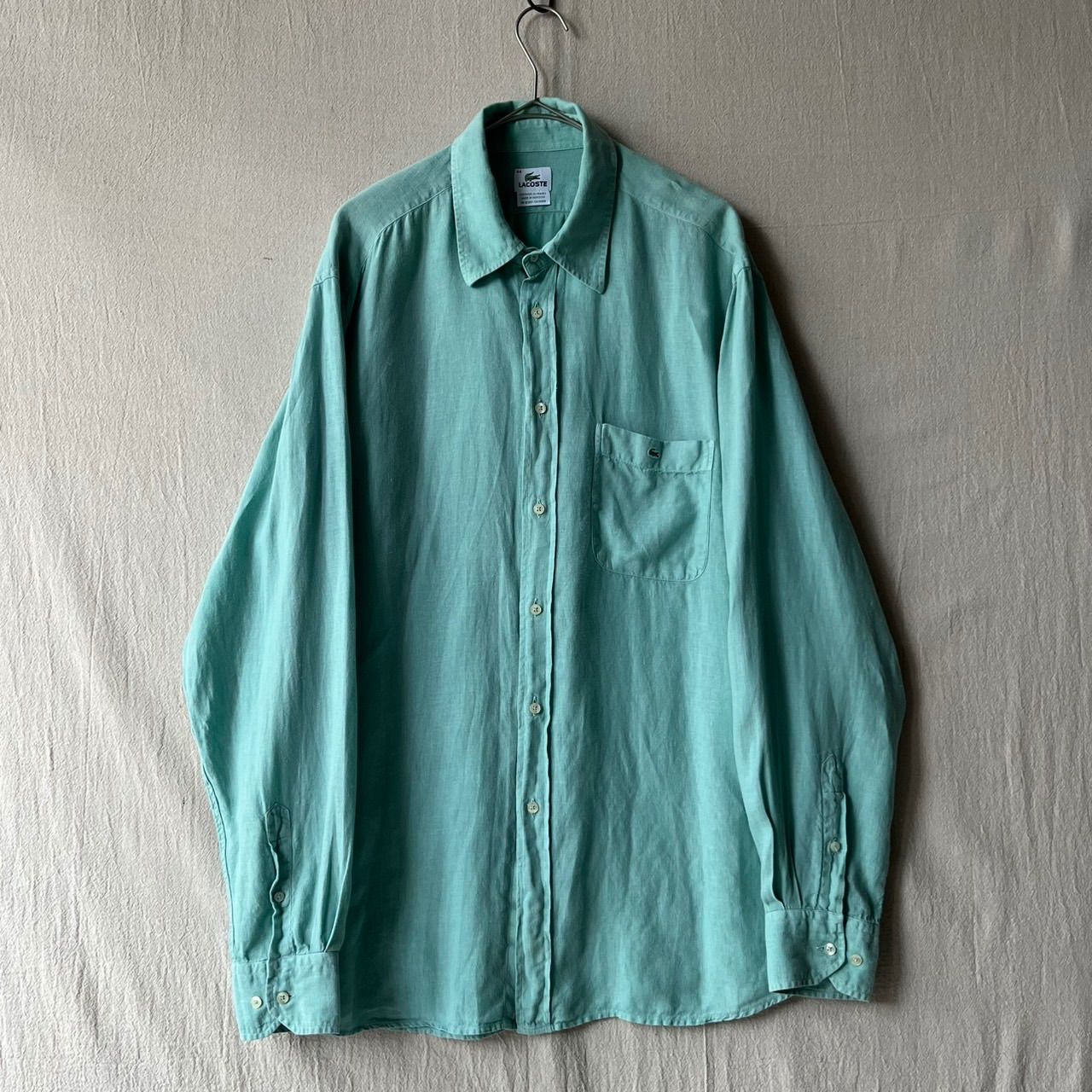 モロッコ製 LACOSTE リネン シャツ / 44 ライト グリーン ロゴ ユーロ ビンテージ T6-06118-9429