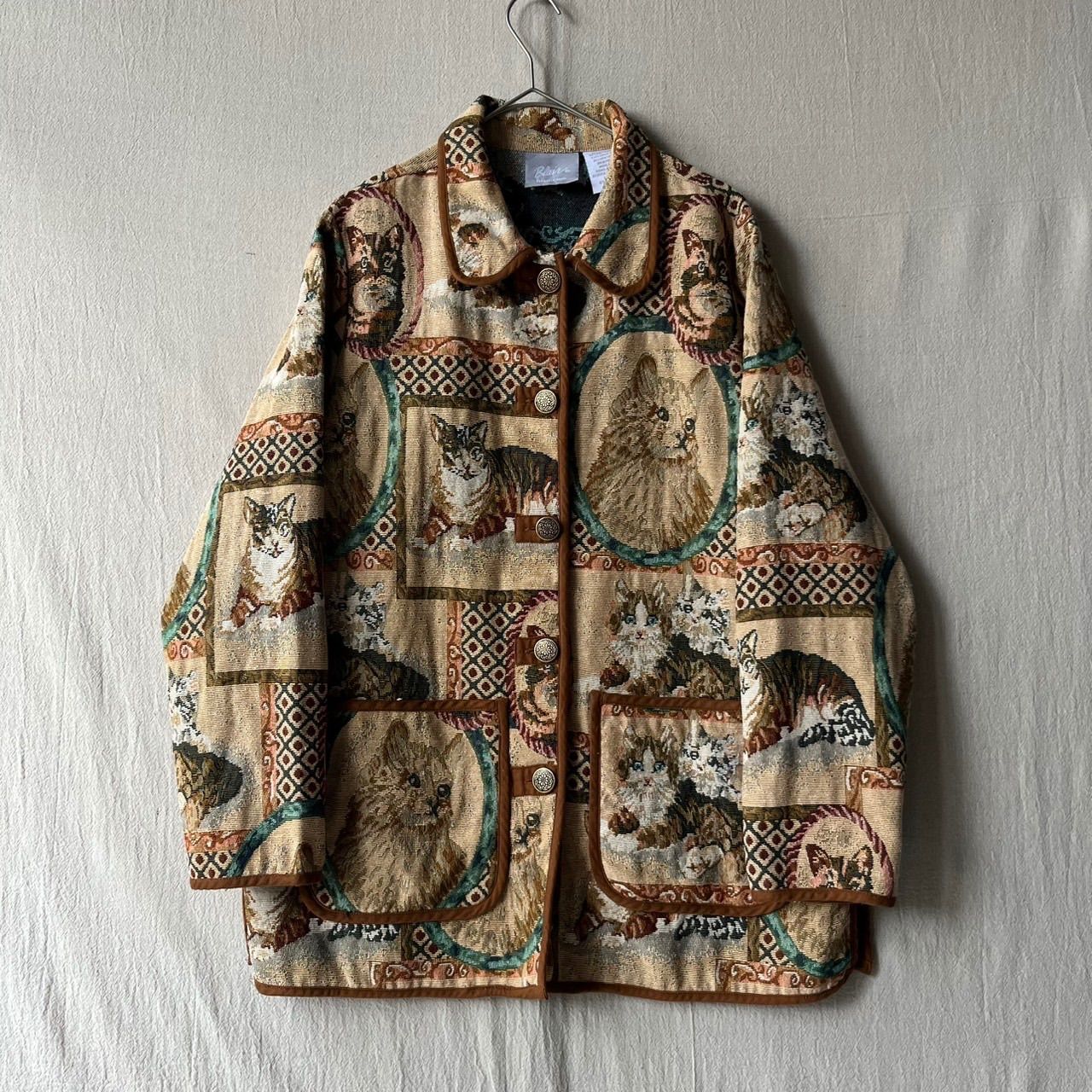 90s USA vintage ゴブラン ジャケット/ ユニセックス コットン ポリ 猫 アニマル 柄 ビンテージ レディース O6-06009-9979