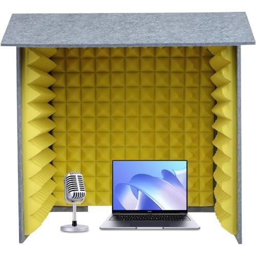 防音室 1人用 80×80×80cm 吸音材5cm 簡易防音ブース フェルト製 外側グレー/内側イエロー 吸音・遮音 ノイズ低減 卓上防音ボックス 在宅ワーク｜電話営業・コールセンター オンライン商談 録音・発音練習 間仕切り 組立簡単 騒音対策★m