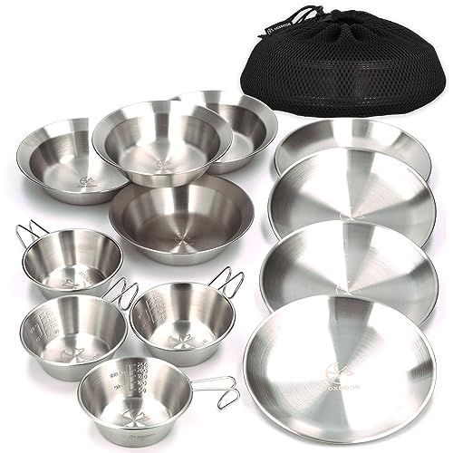FOXDOOR アウトドア 食器セット 3枚組セット 4枚組セット シェラカップ コンパクト 収納 ステンレス キャンプ バーベキュー ファミリーt