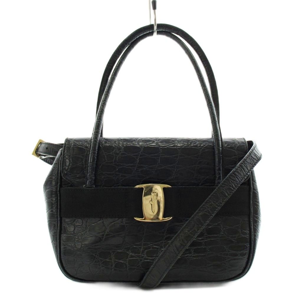 サルヴァトーレフェラガモ Salvatore Ferragamo ヴァラ ショルダーバッグ ハンドバッグ 2way クロコ型押し レザー 黒 ブラック /AN11 ■OH