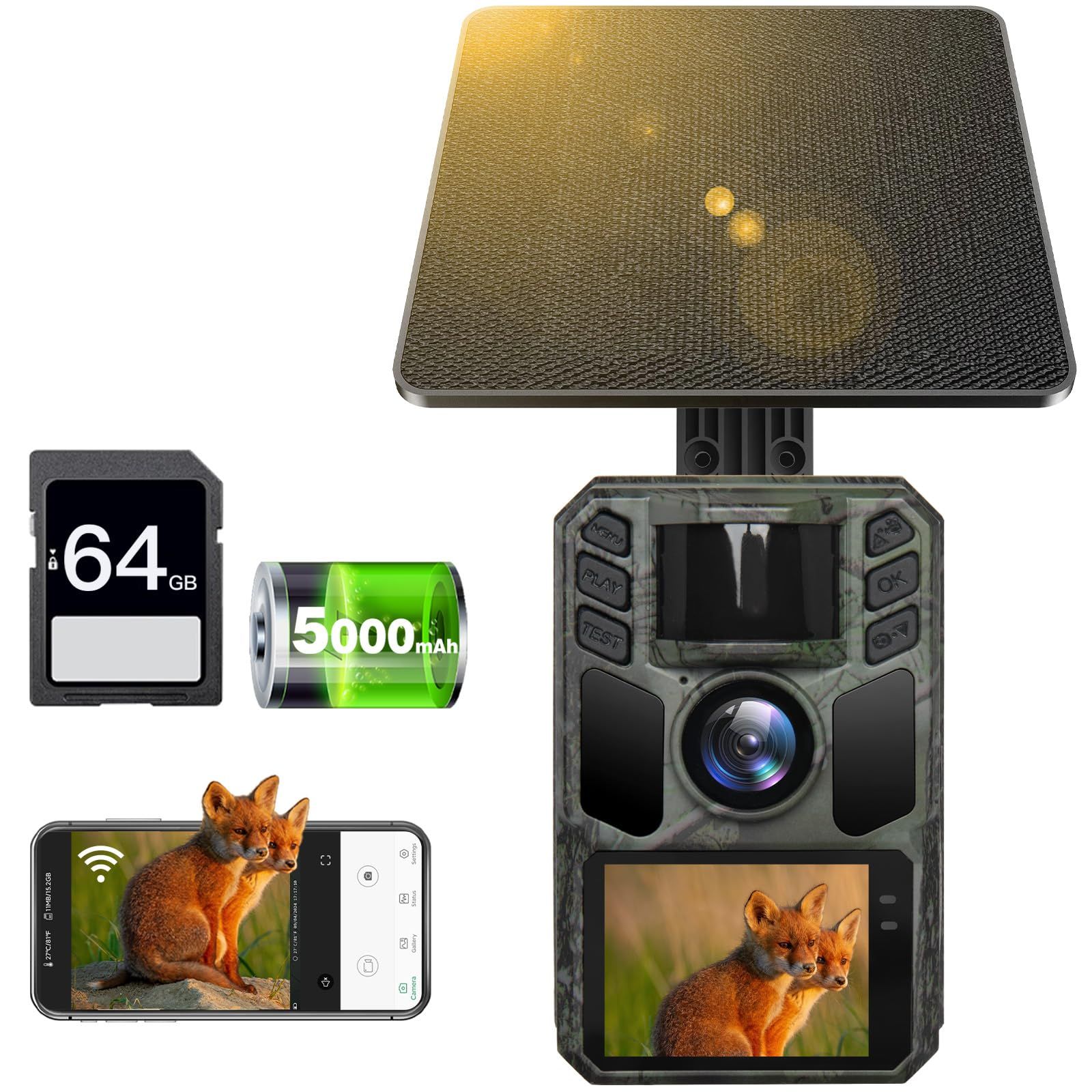 ★新品★2025最新型【WIFI&ソーラー充電式】 レイルカメラ ソーラー 野生動物監視カメラ 64ＭＰ画像 動画4Ｋ 0.2秒超高速 トリガースピード 小型 防犯カメラ スマホアプリ対応 赤外線カメラ ス 監視カメラ 夜間撮影対応 赤外線LED付き 充電式