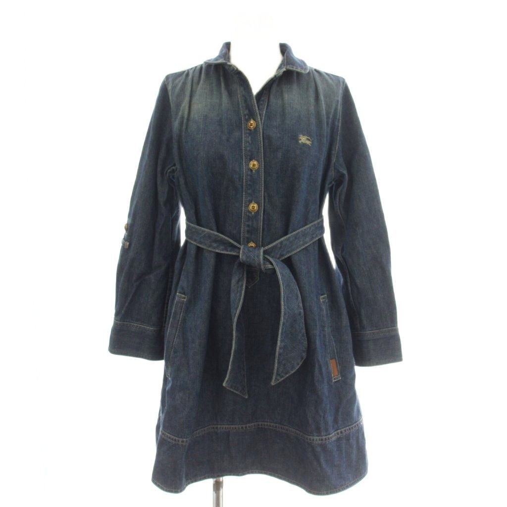 バーバリーブルーレーベル BURBERRY BLUE LABEL デニム ワンピース ひざ丈 長袖 36 ネイビー 紺 E1M31-461-29 /☆G4