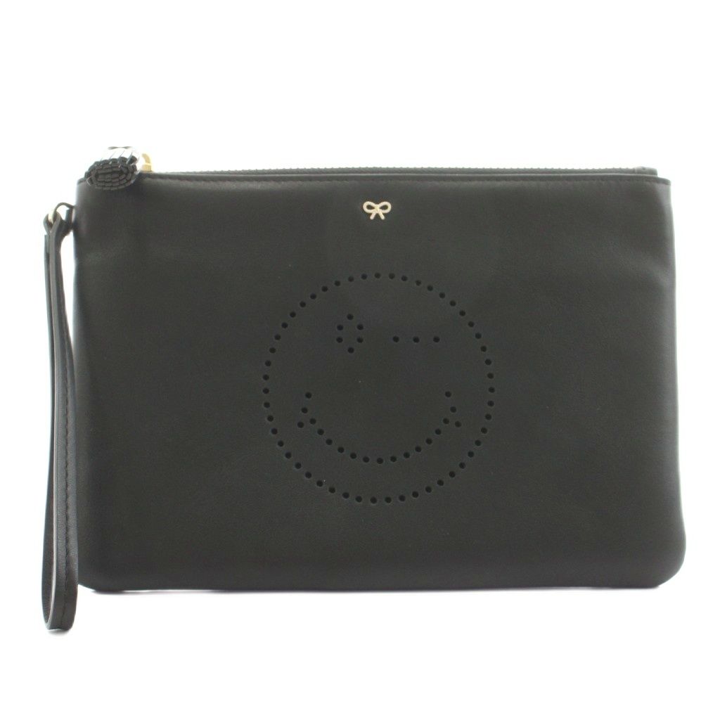 アニヤハインドマーチ ANYA HINDMARCH スマイリー クラッチバッグ セカンドバッグ レザー 黒 ブラック /KU 7