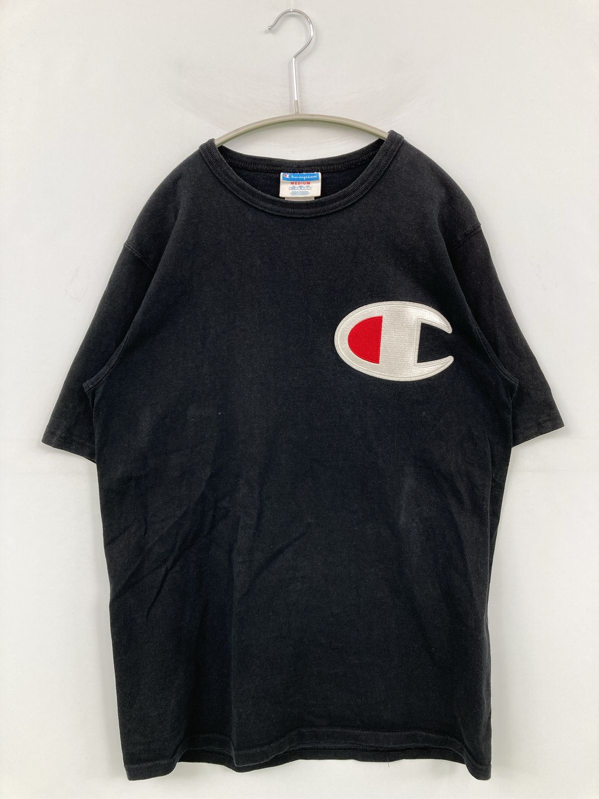 Champion チャンピオン Tシャツ/カットソー L ブラック ワンポイント ブランドロゴ ミドル丈 半袖 クルーネック(丸首) メンズ レディース