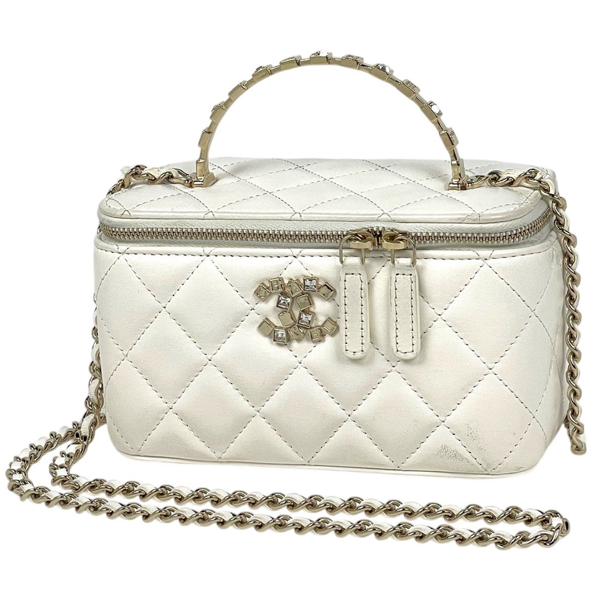 シャネル CHANEL ココマーク チェーン ショルダーバッグ ラインストーン バニティ レザー ホワイト レディース 【中古】