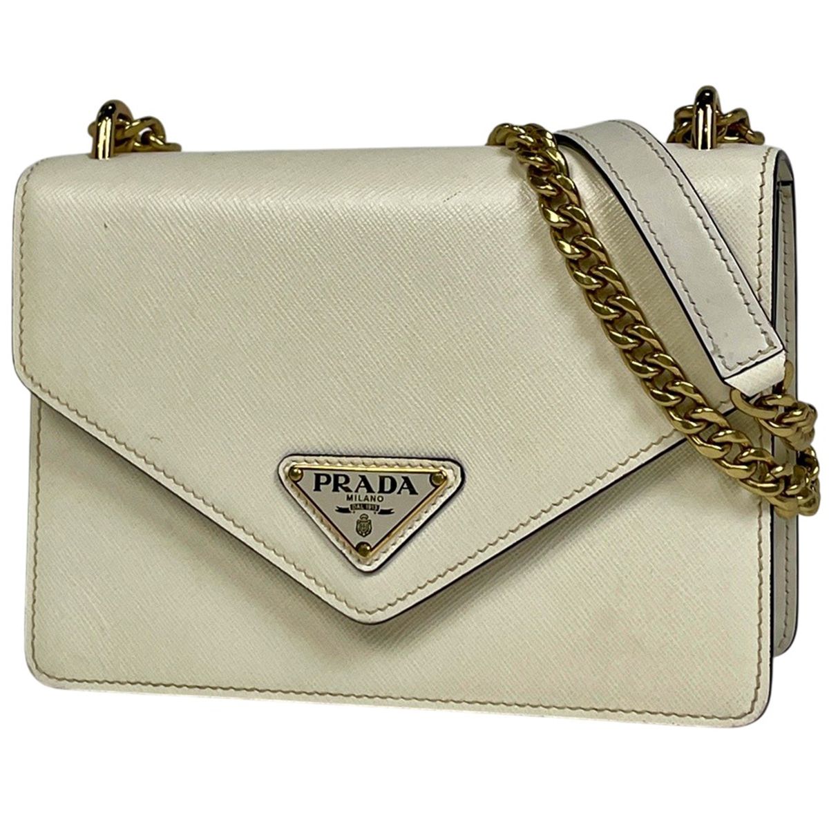 プラダ PRADA ロゴプレート チェーン ショルダーバッグ サフィアーノレザー ホワイト 1BD200 レディース 【中古】