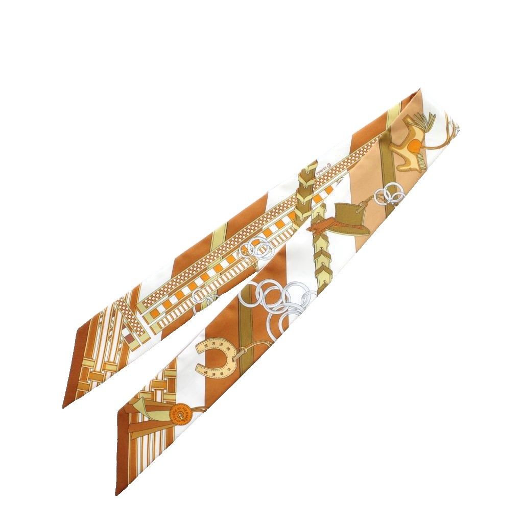 エルメス HERMES ツイリー Brides et Gris 馬勒とチャーム スカーフ ポケットチーフ 茶色 ブラウン 白 ホワイト ベージュ 総柄 絹 シルク 062849S /RI ■OS ■OH