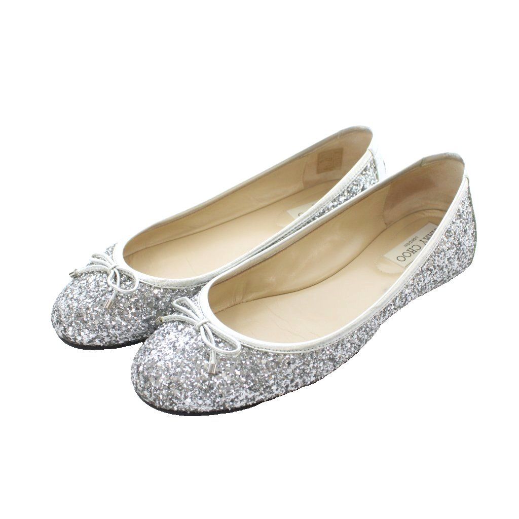 ジミーチュウ JIMMY CHOO MODELL FLAT フラットシューズ バレエシューズ パンプス 38 25cm シルバーカラー グリッター リボン /RI ■OS ■OH