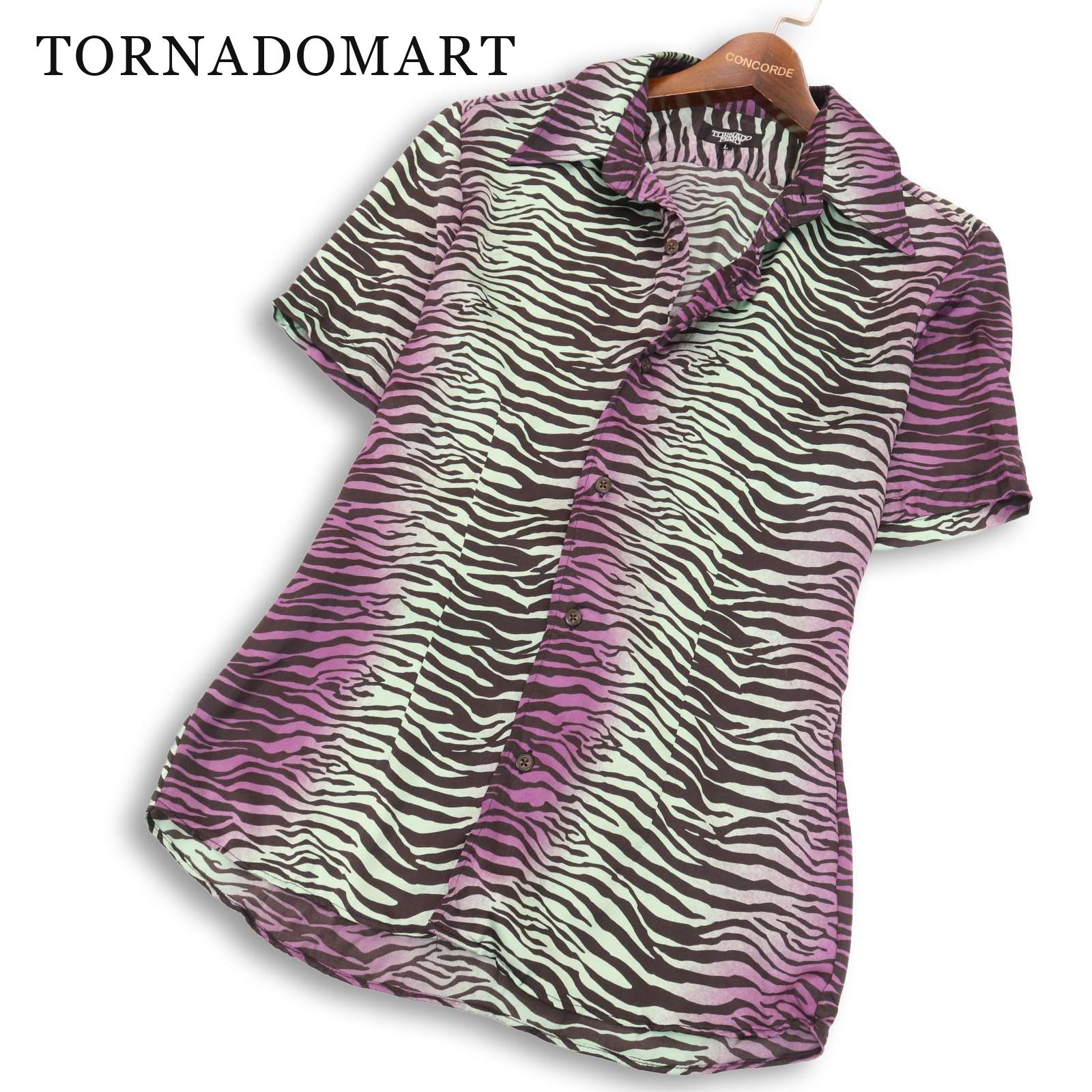Y2K 00s★ TORNADOMART トルネードマート 春夏 ゼブラ柄 総柄★ シワ加工 半袖 スリム シャツ 日本製 Sz.L メンズ 7,793円